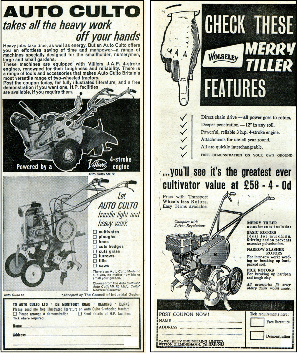 Auto-Culto , De Montfort Road, Reading, Berkshire. And Wolseley Merry Tiller cultivator, £58-4-0 in 1964