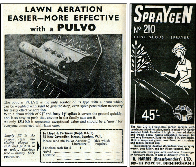 Pulvo Lawn Aerator by Lloyd & Partners London. Spraygen No 210 Sprayer, R. Harris LTD Birmingham in 1964